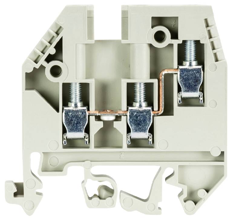 A grey, two-pole terminal block with metal connections, used for electrical wiring in control panels and junction boxes.