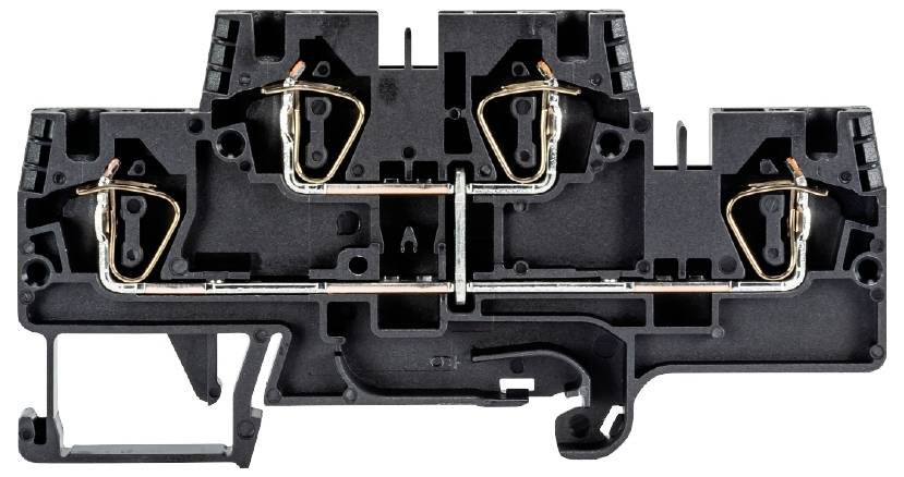 Electrical switch wire connector in a black plastic housing with four copper terminals.