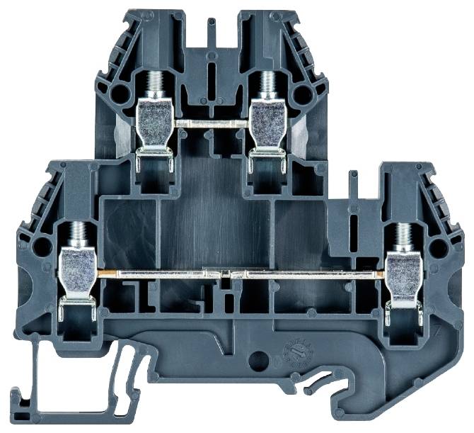 A grey electrical terminal with two connection points, wire guides, and screw connections that facilitate electrical connections.