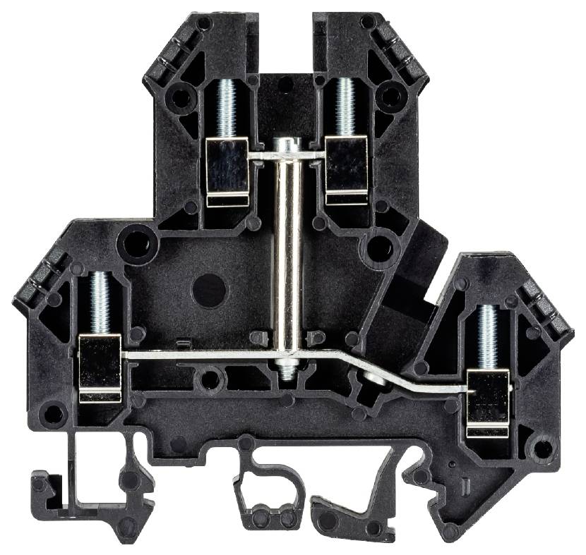 Black electrical terminal block component with metallic connection points and cable clamps, crucial for electrical wiring.