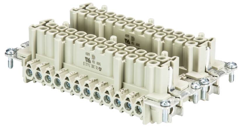 A pluggable industrial connector with double-row, rectangular contacts, suitable for machinery and control applications.