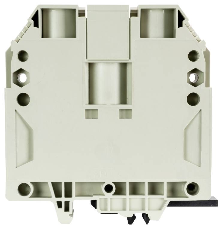 A grey electrical terminal block with multiple connections and mounting holes, typical of industrial wiring.