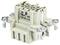 A beige connector with multiple openings and four mounting screws on the sides. Suitable for electrical connections.