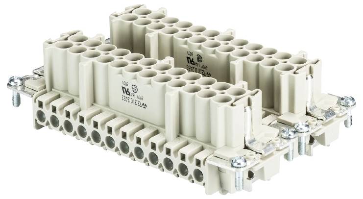 An industrial connector with multiple circular contact openings in a rectangular housing, suitable for electrical connections.