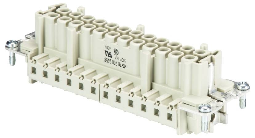 Beige rectangular connector with multiple round sockets at the top and square connection slots at the bottom, for electrical connection.