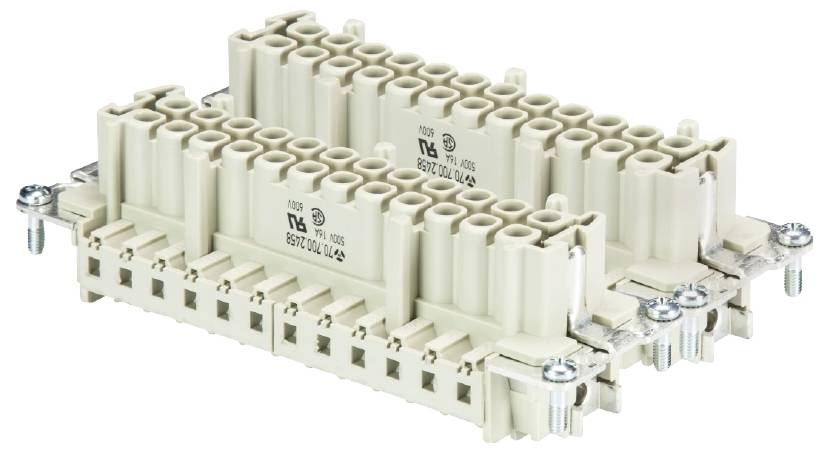 A rectangular, cream-coloured industrial plug with double contact rows, suitable for robust electrical connections.