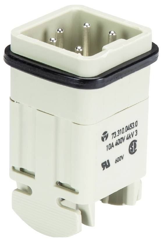 'Plug with 6 metal pins, plastic housing, printed marking: 10A, 400V, 4kV, UL approval; square shape with black border.'