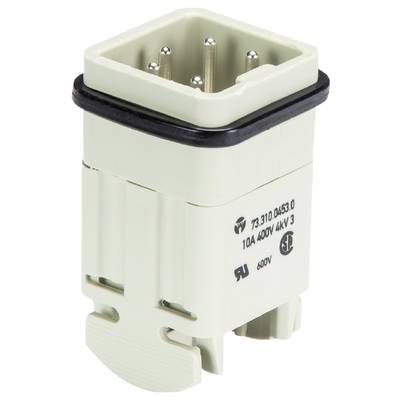 'Plug with 6 metal pins, plastic housing, printed marking: 10A, 400V, 4kV, UL approval; square shape with black border.'