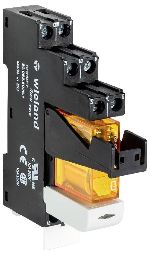 Electric relay by Wieland, Model 82.040.0.240.1, with black housing and yellow switch. Used for control applications.