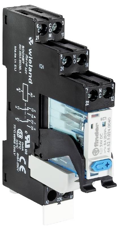 An electrical switching relay from Wieland with labelled terminal connections and CE marking.