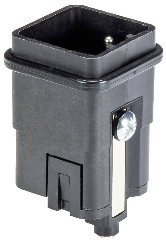 A rectangular black connector with a metal fixing element, used for electrical connections in technical devices.