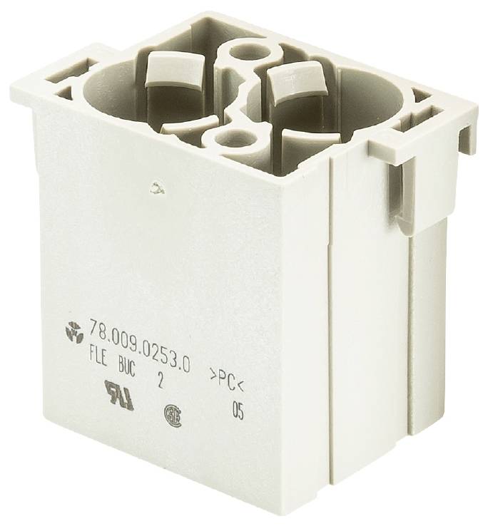 A rectangular white plastic container with open compartments and technical markings on the side.
