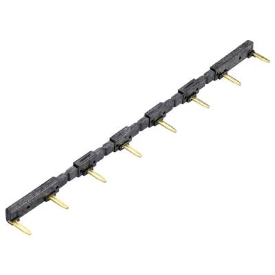 Single-row pin header connector with a black plastic housing and gold-plated pins, used for electronic connections.
