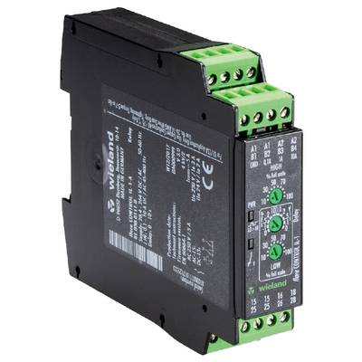 A black electronic device with green connection terminals, labelled with technical specifications, viewed from the side.