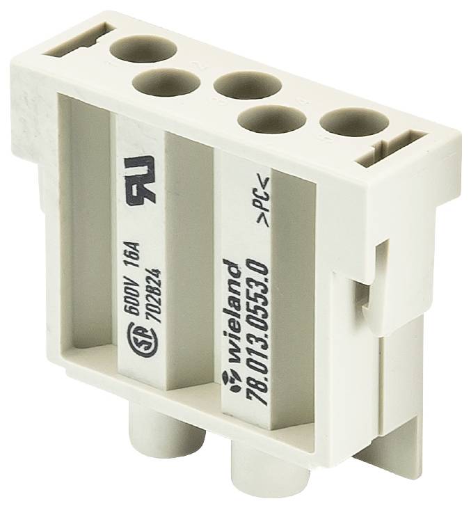 A grey electrical connector module with four connection holes, marked with technical specifications and brand name.