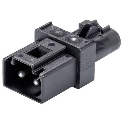 'A black electric plug with two metal pins.'