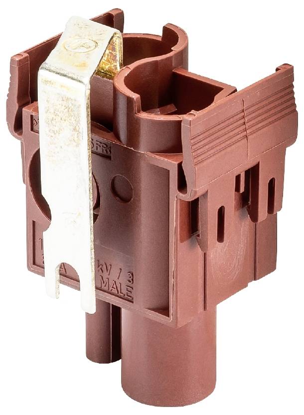 Red socket adapter with silver mounting clip. Designed for robust electrical connections. Housing features slots and distinctive edges.