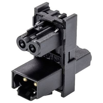 A black electrical connector with two socket ports and pins, suitable for industrial or electronic applications.