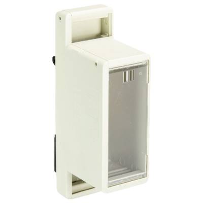 White plastic enclosure with transparent cover, used for securing electrical components in control cabinet installations.