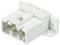 A white electric plug adapter with two metal pins and side mounting holes, suitable for technical applications.