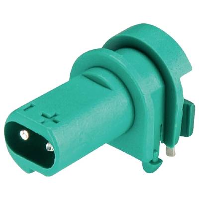 Green electrical connector with two pins, side view.