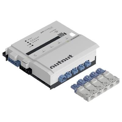 Electronic device with 'output' inscription, multiple ports and plugs. Primarily suitable for electrical applications.