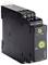 Timer relay in a black housing with green adjustment knobs for time settings. Four terminal connections at the top.