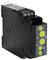 A black electronic time relay module with green rotary knobs for time setting, terminal blocks on top and company logo at the bottom.