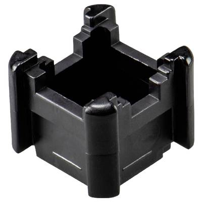 A black plastic component with a square shape and raised corners. Possible use as a connecting element in constructions.