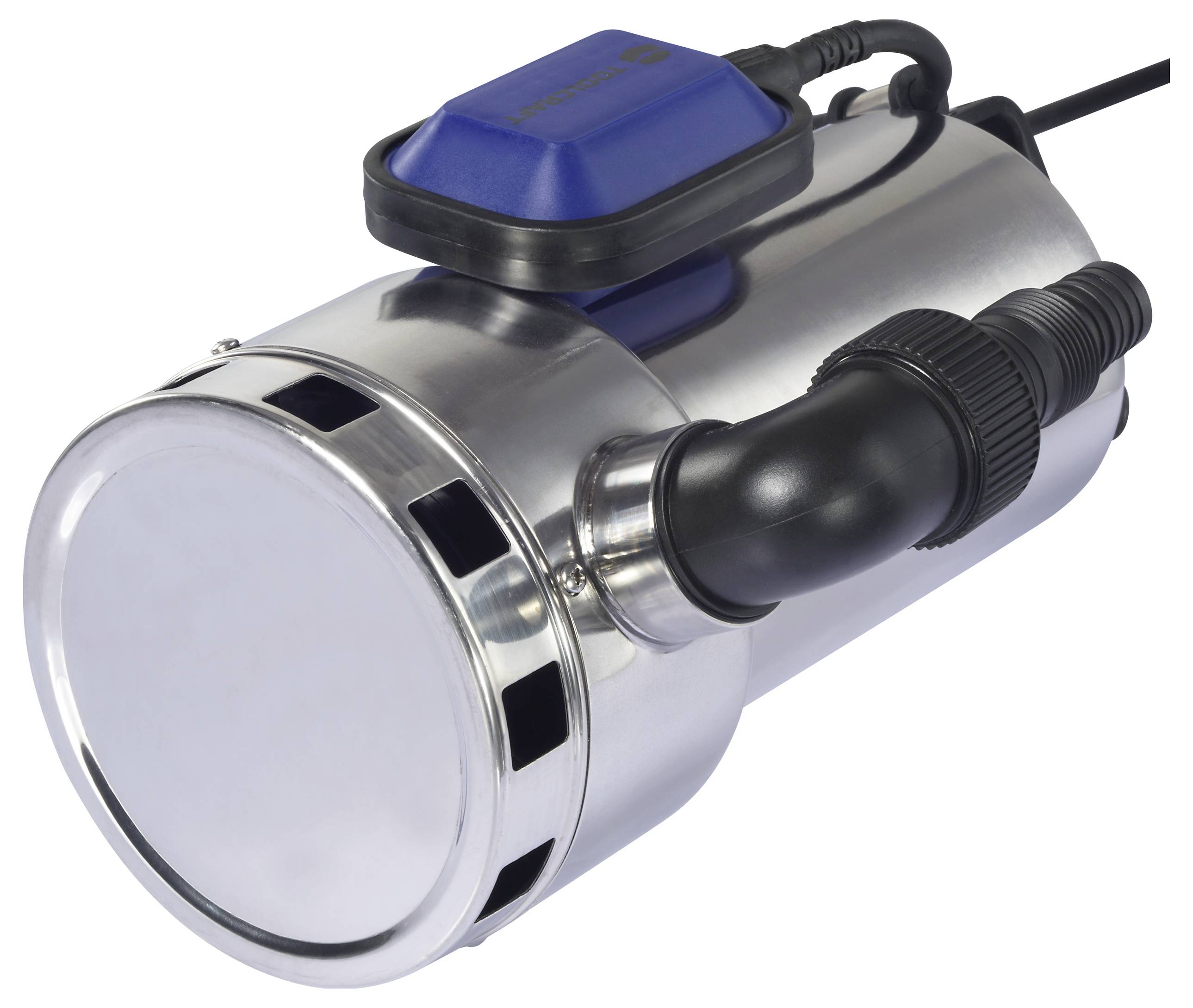 A silver, cylindrical pump with a black hose connection and blue control unit on top, suitable for water applications.