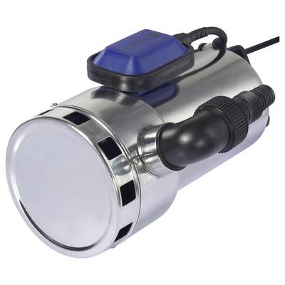 A silver, cylindrical pump with a black hose connection and blue control unit on top, suitable for water applications.