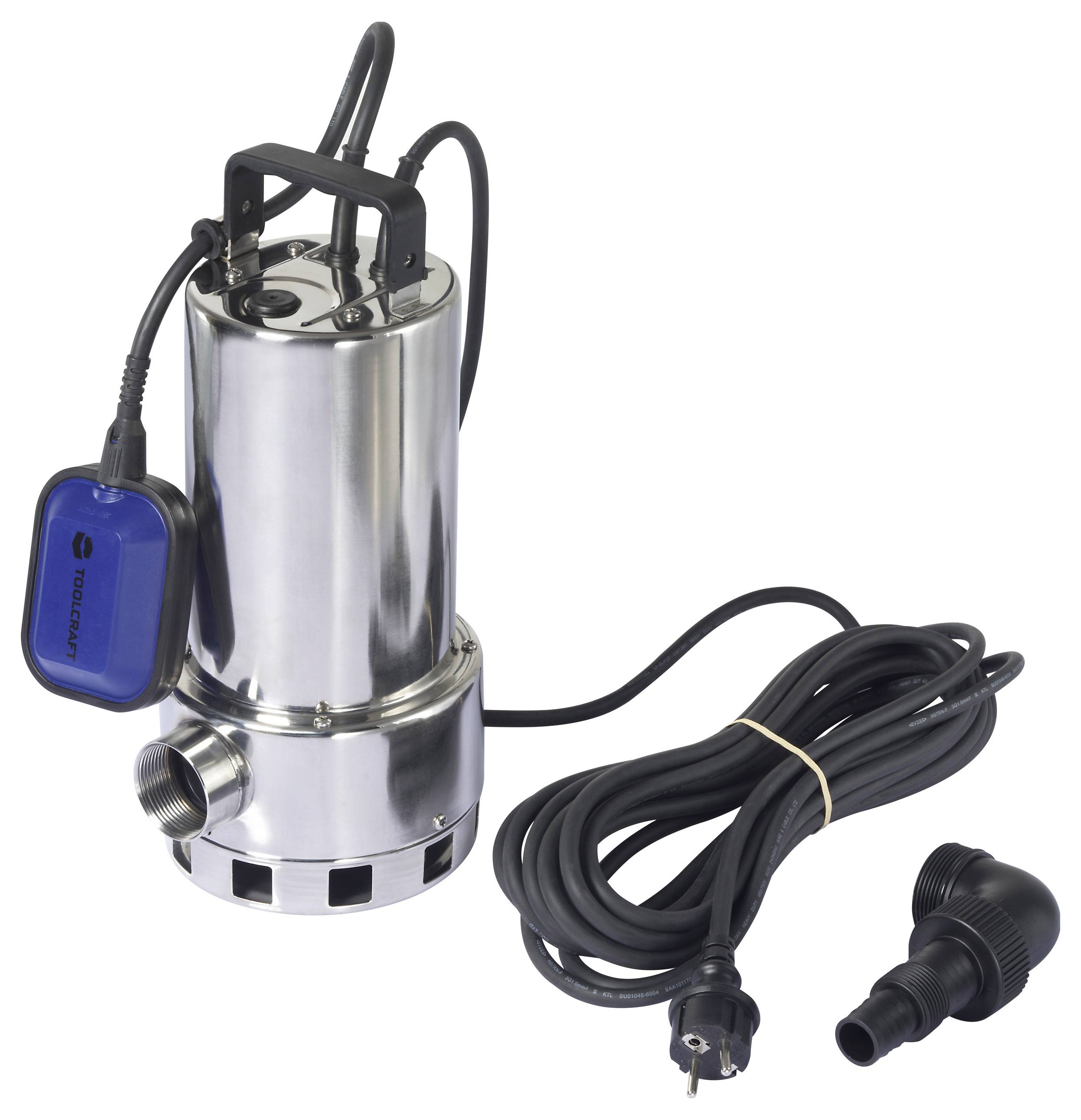 A silver submersible pump with a blue float and a long black power cable. Suitable for drainage purposes.
