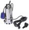 A silver submersible pump with a blue float and a long black power cable. Suitable for drainage purposes.