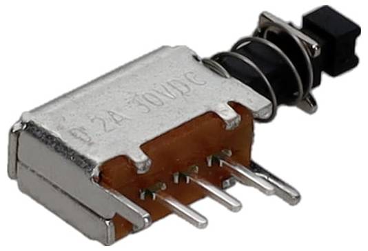 A silver and brown electronic component with multiple metal prongs and a coiled handle, likely a slide switch for electrical circuits.