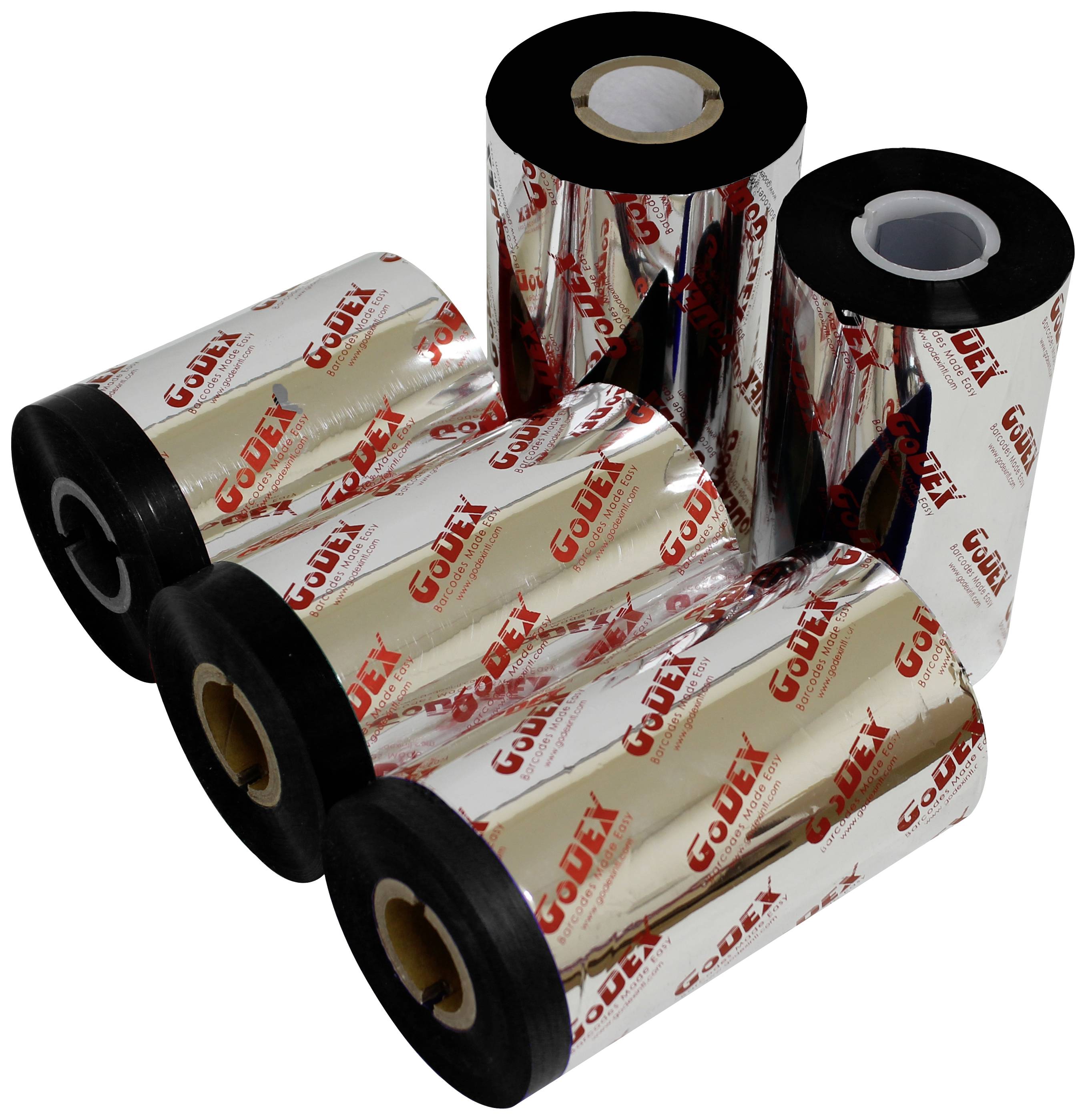 Five black printer ink ribbons with silver foil, printed with the red 'Godex' logo, grouped on a surface.
