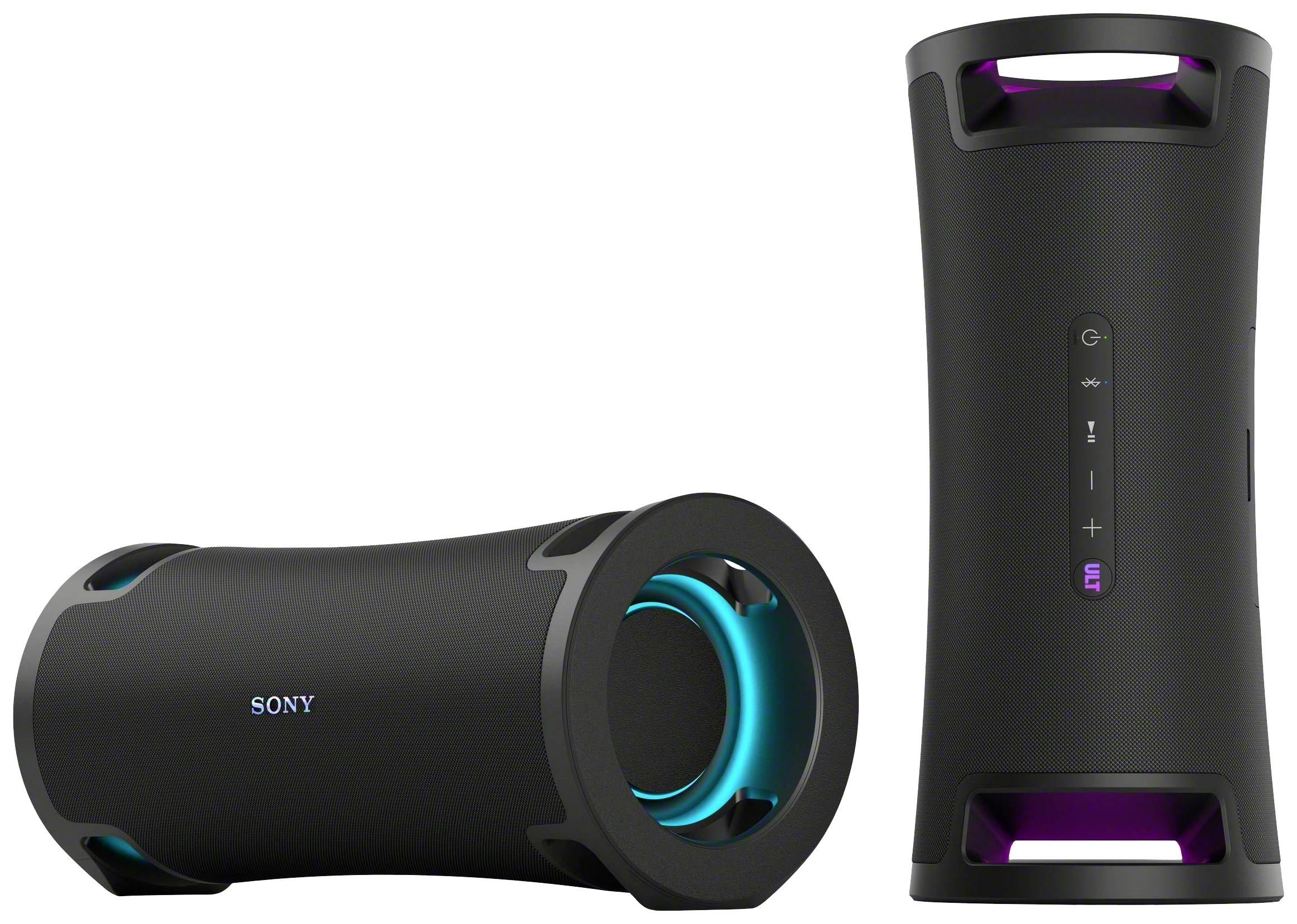 Two black Sony speakers, one standing, one lying down. Both have illuminating light effects at their ends.