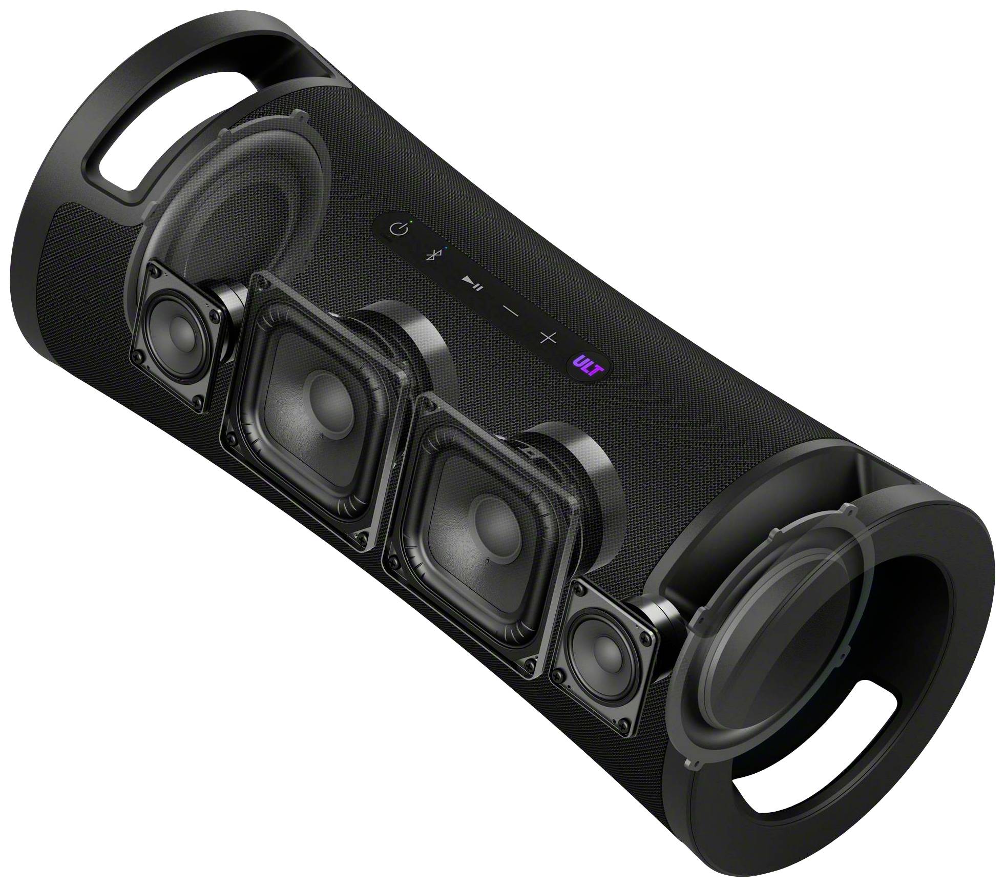 A portable speaker with multiple visible speaker units and control buttons on the top surface.