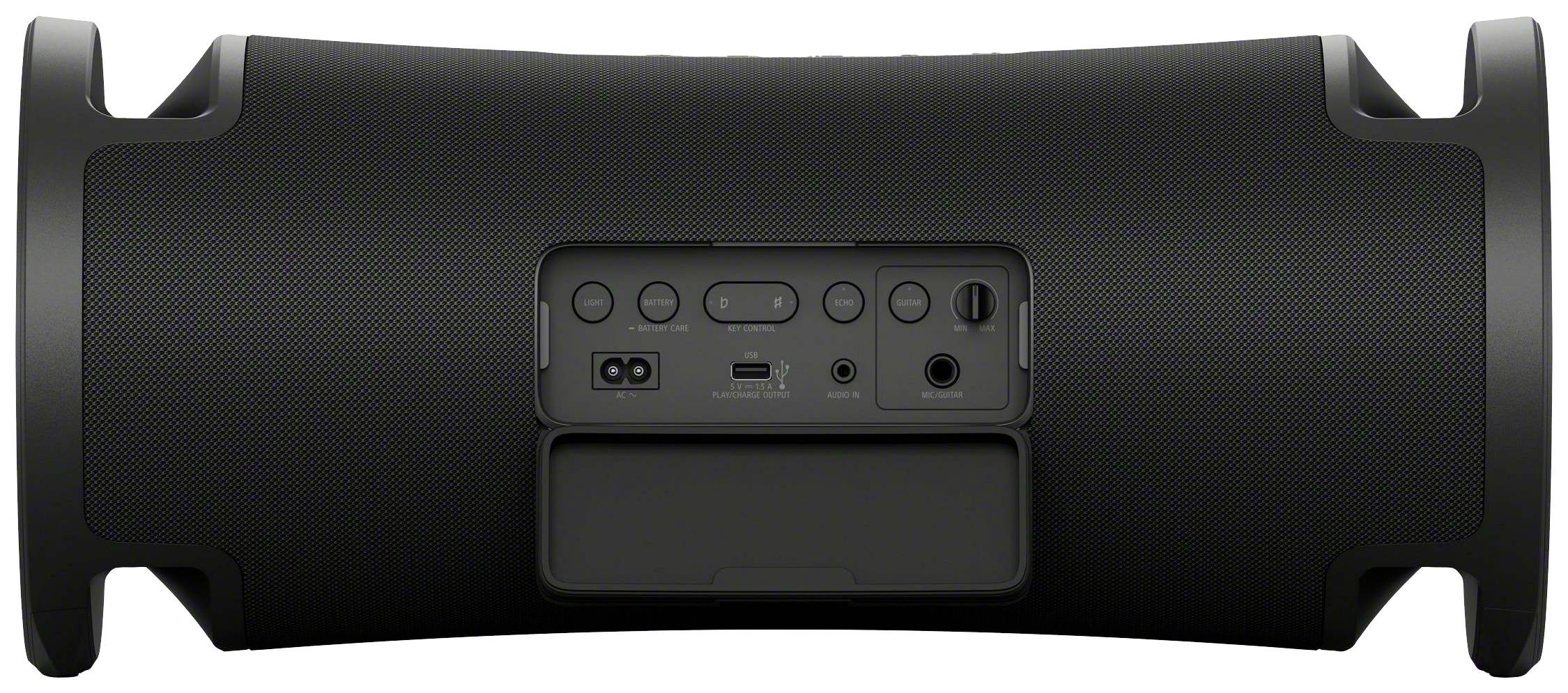 A portable, black speaker with various ports and buttons on the back, for control and connectivity.