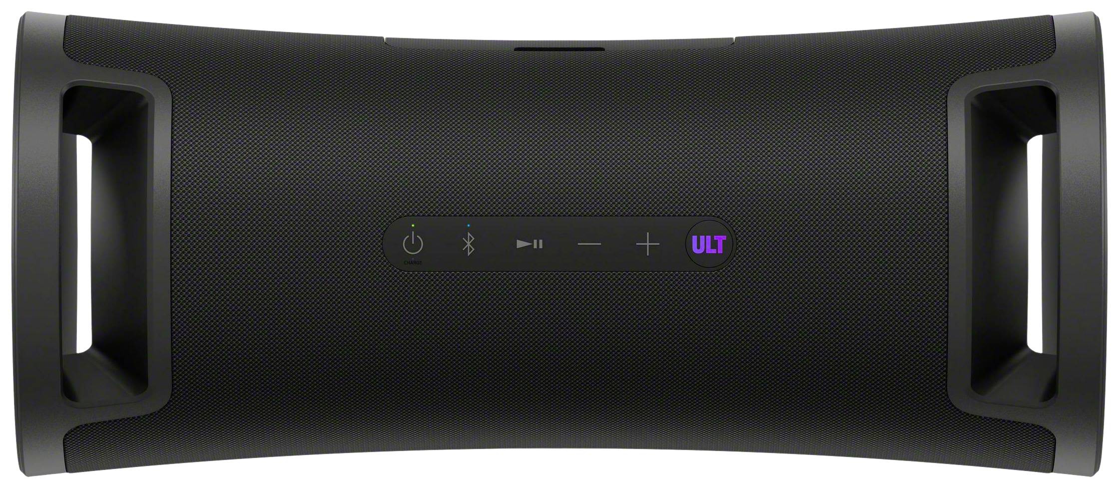 A black, portable speaker with side handles and control buttons on the top surface, including Bluetooth and volume control.
