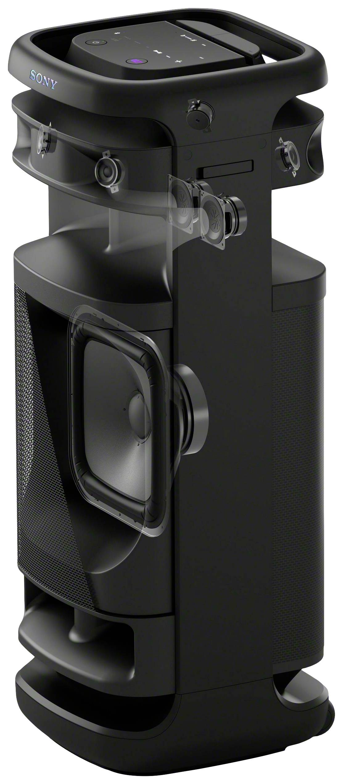 Black, portable speaker with a sturdy handle, side speaker grilles, and controls on top, suitable for parties.