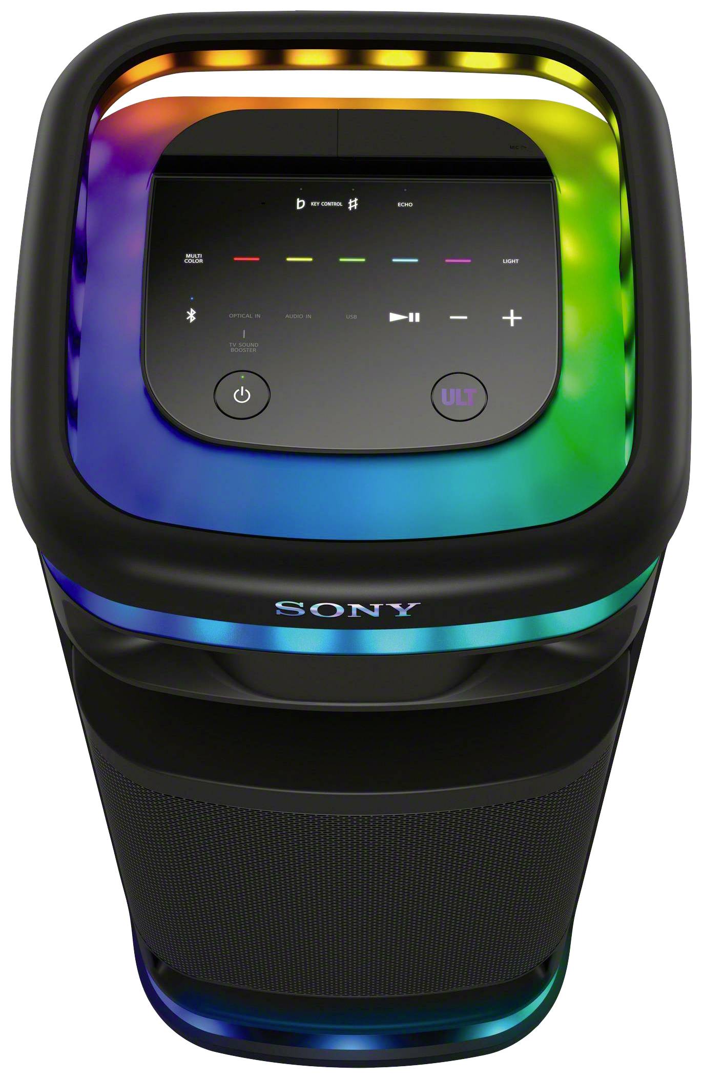 A black speaker viewed from above, featuring colourful LED lights along the edges and control buttons on the top surface, including volume, playback, and power on/off.