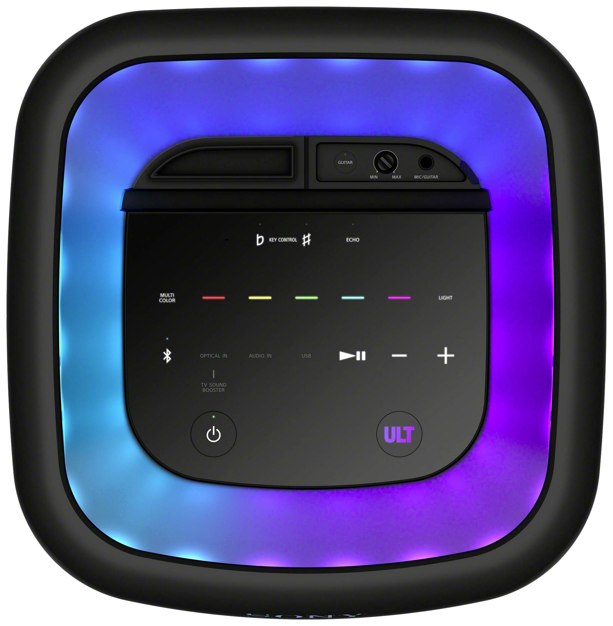 A portable speaker with a glowing, colourful LED display and controls for volume, mode, and light effects.