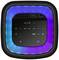 A portable speaker with a glowing, colourful LED display and controls for volume, mode, and light effects.