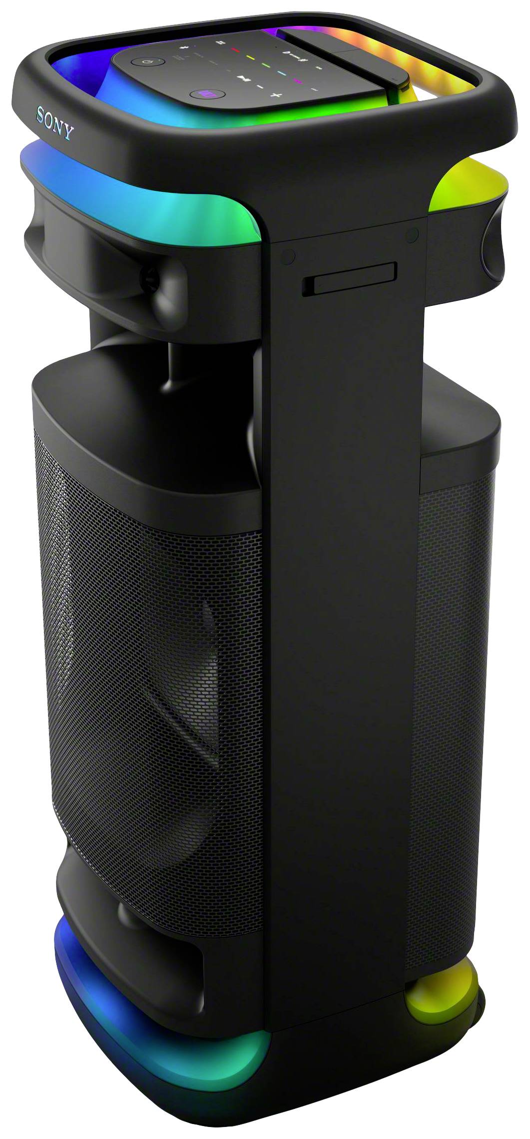 A black speaker with colourful LED lights along the top and bottom edges. A control panel is located on the top surface.