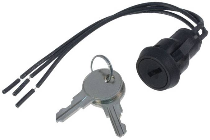 A set of two keys attached to a round metal keyring next to a black ignition switch with four wires extending from the back.