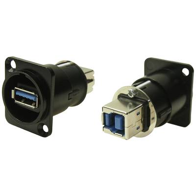 Two USB socket modules, one with a blue USB 3.0 interface, mounted on black rectangular plates with screw holes.