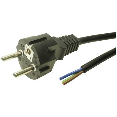 Black Euro plug with open cable ends: brown, blue, green-yellow. It is used for connecting electronic devices to electricity.