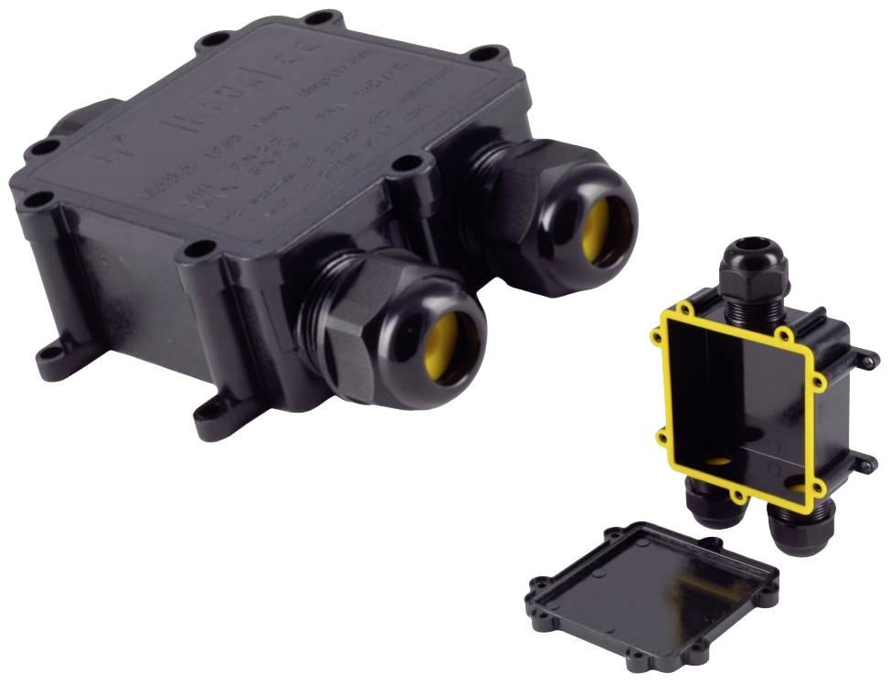 Two black cable connection boxes, one closed, one open. Both have yellow edges at the entry points.