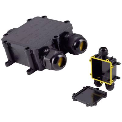 Two black cable connection boxes, one closed, one open. Both have yellow edges at the entry points.