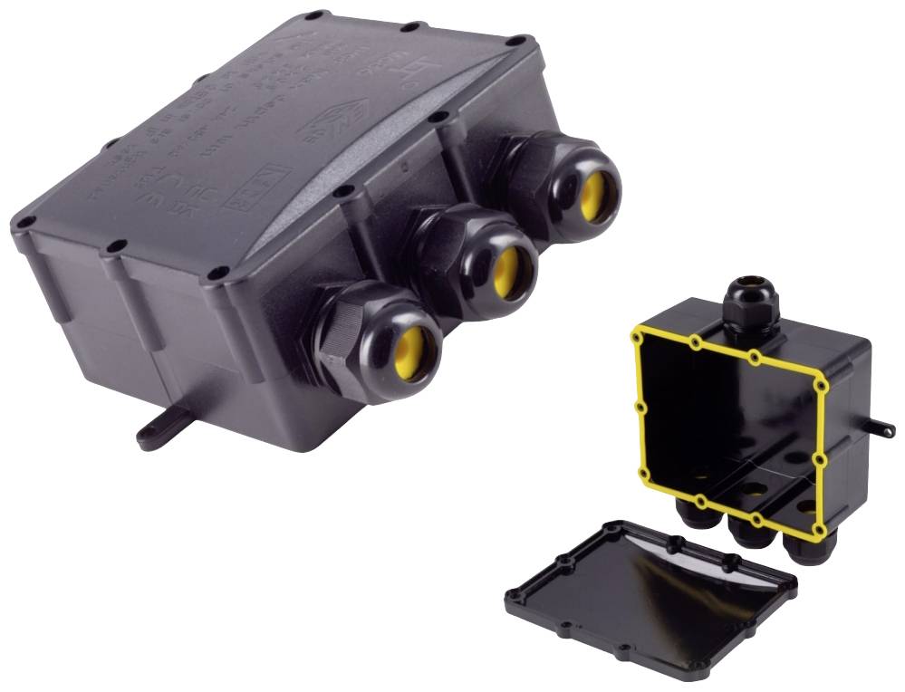 A black distribution box with three cable entries, next to an open smaller box with its lid removed, highlighted in yellow.